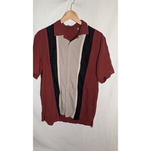 Axist Mens Silk Bowling Shirt Sz M Red Striped Short Sleeve Collared Retro 90s
